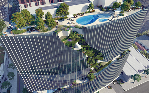 A closeup of the building at One River North in Denver, CO.